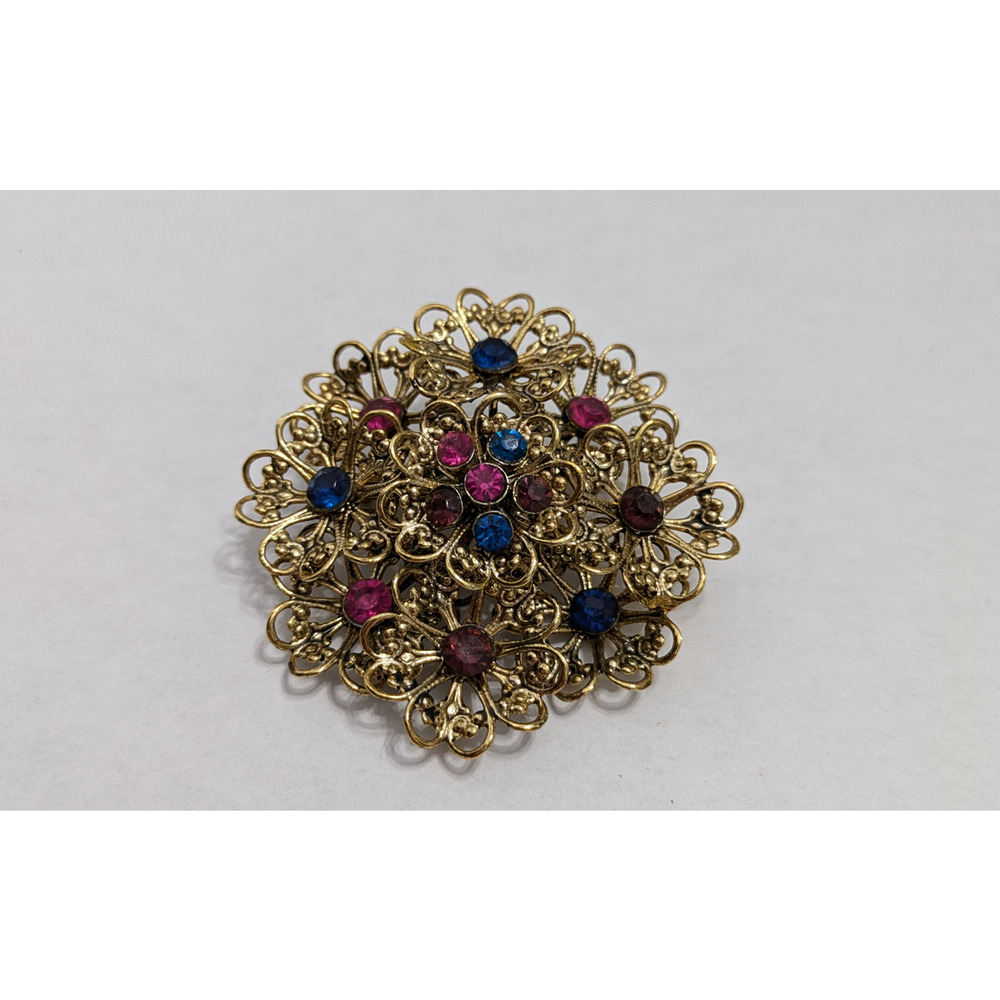 Flower Brooch Filigree Vintage Gold Tone Multicolor Rhinestone Accent Floral